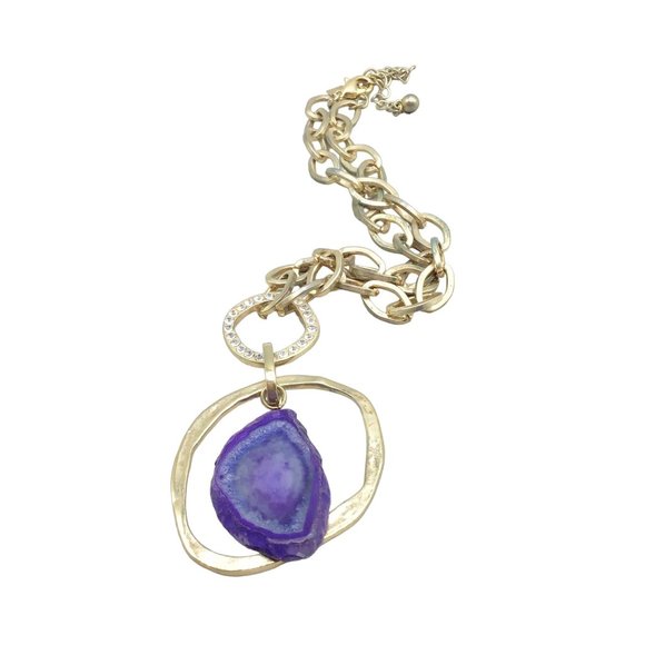 Tori Spelling 80s Necklace Gold Tone Chain Purple Stone Slab Removable Pendant - Picture 1 of 16